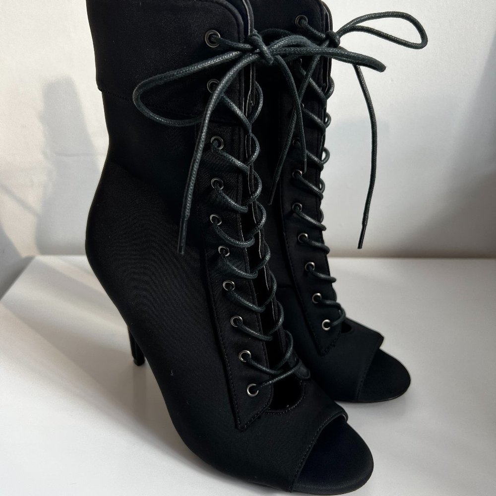 Used Black Lace Up Nylon Heeled Boots